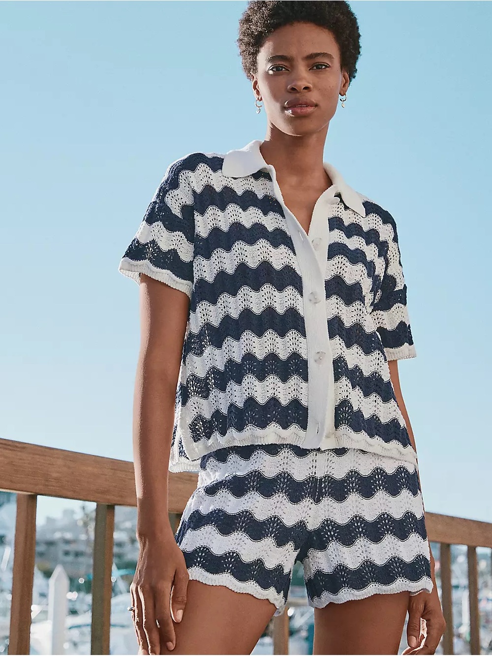 Lou & Grey Wavy Knit Two-Piece Set in Navy & White